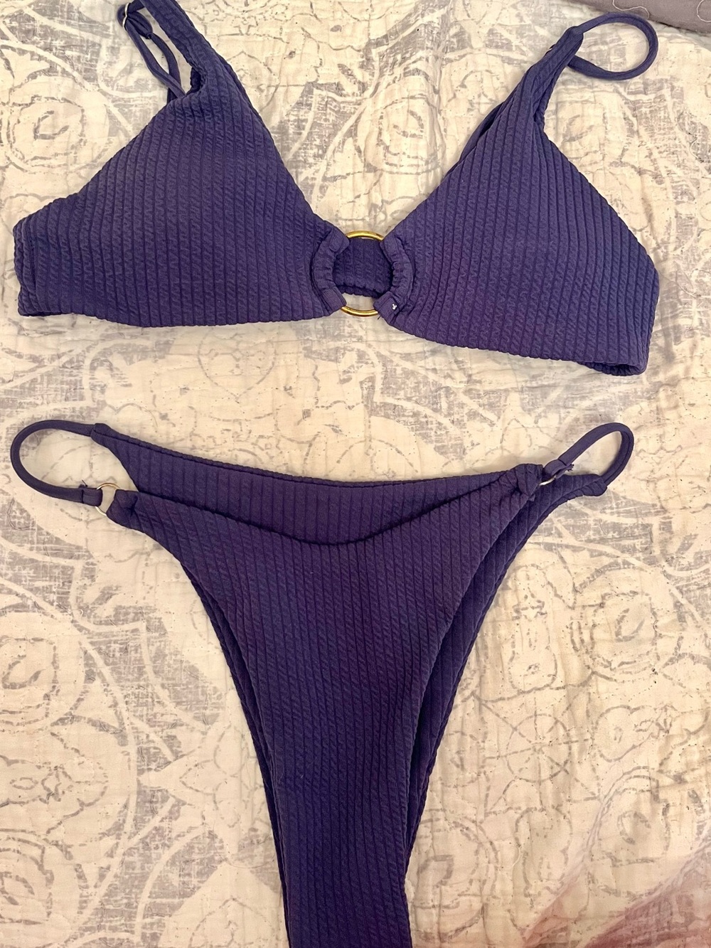 Women's Purple Textured Ring-Front Bikini Set